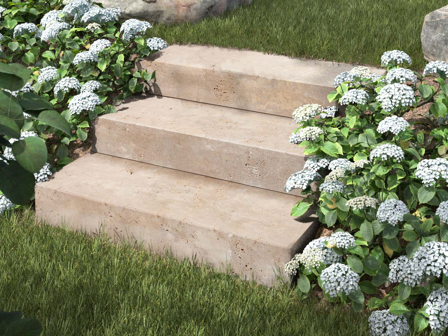 Ergaenzung Serie Blockstufen Travertin Noce mit Blumen und Ambiente