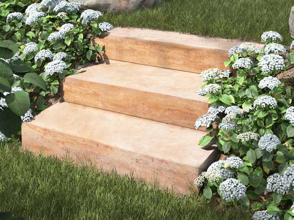 Ergaenzung Serie Blockstufen Travertin Gold mit Garten
